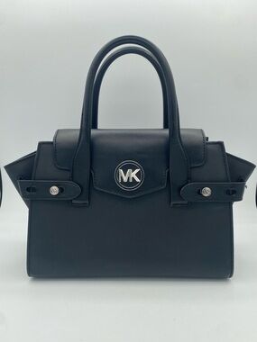 Michael Kors Carmen Medium Flap Satchel Handbag Black Silver-tone hardware